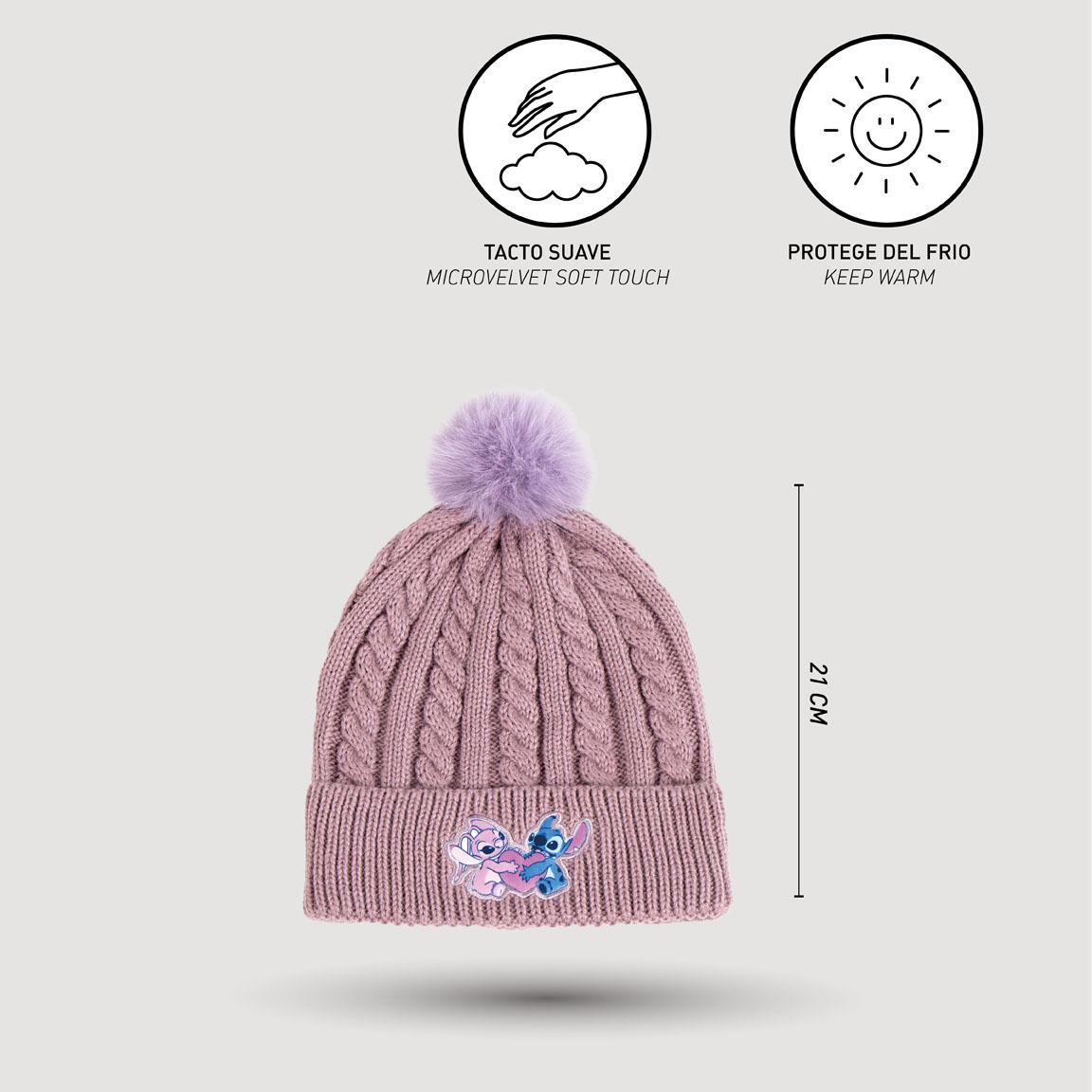 Soft pink cable knit hat with purple pom-pom, featuring Stitch embroidery, 27 cm tall, offers micro-velvet touch and warmth protection.