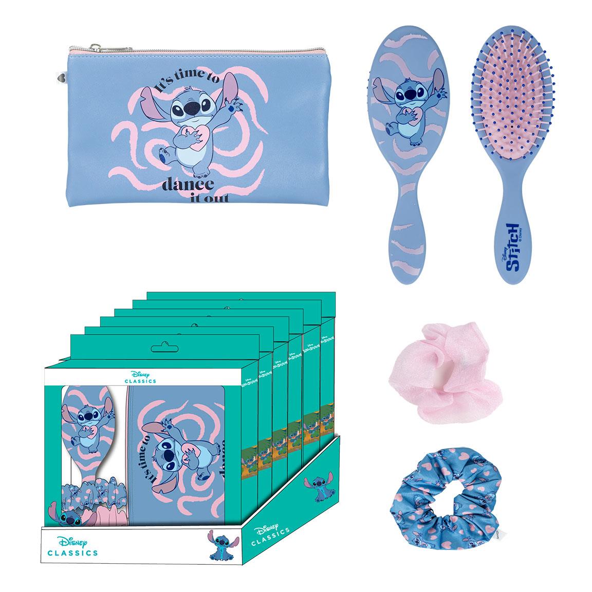 Stitch-themed hairbrush and scrunchies set with pouch, featuring Disney design and packaging.