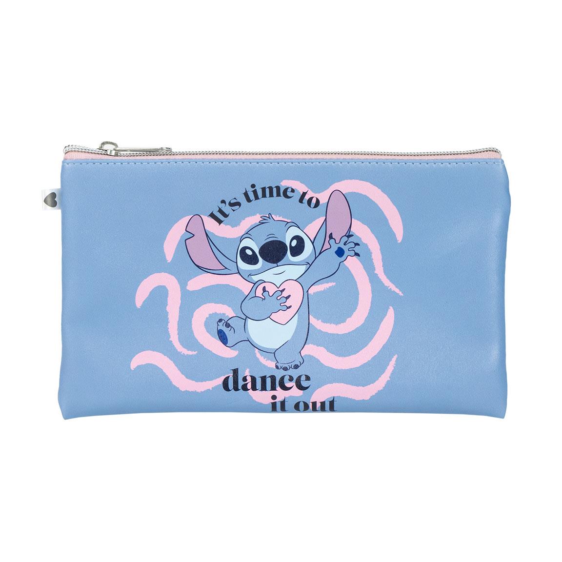 Blue pouch with a dancing cartoon character and "It's time to dance it out" printed on it, featuring pink swirls.