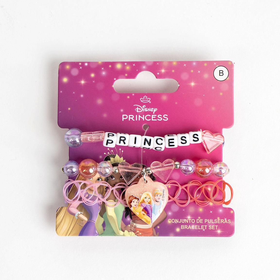 "Colorful Disney Princess bracelet set with beaded details and princess charm on pink packaging."