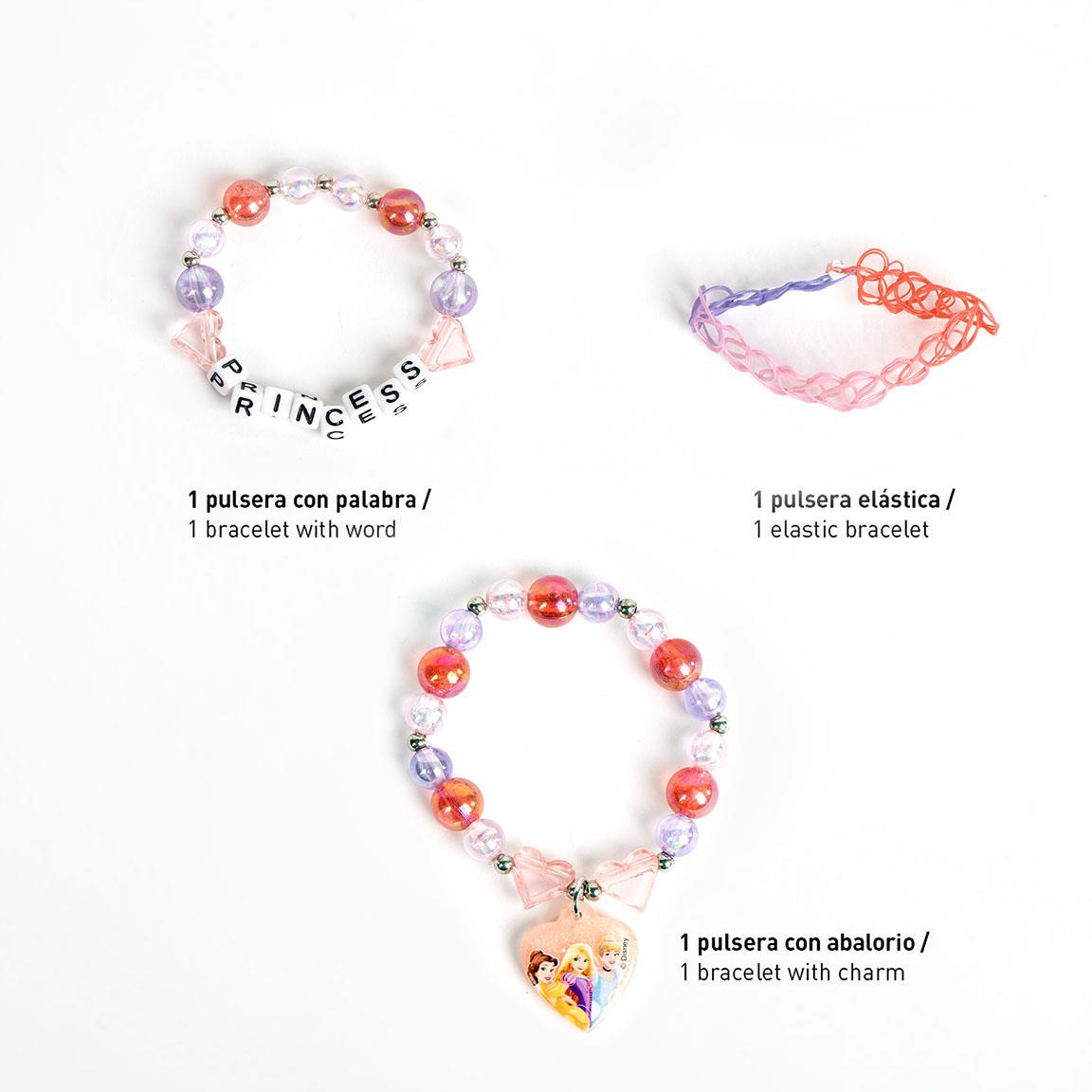 Three princess-themed bracelets including a word bracelet, an elastic bracelet, and a charm bracelet with heart pendant.