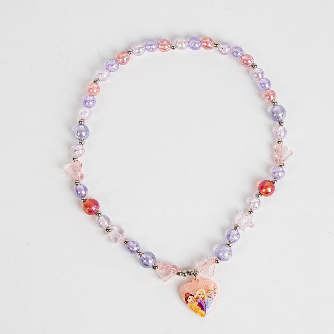 Colorful princess necklace with beads and heart-shaped pendant featuring princess artwork.