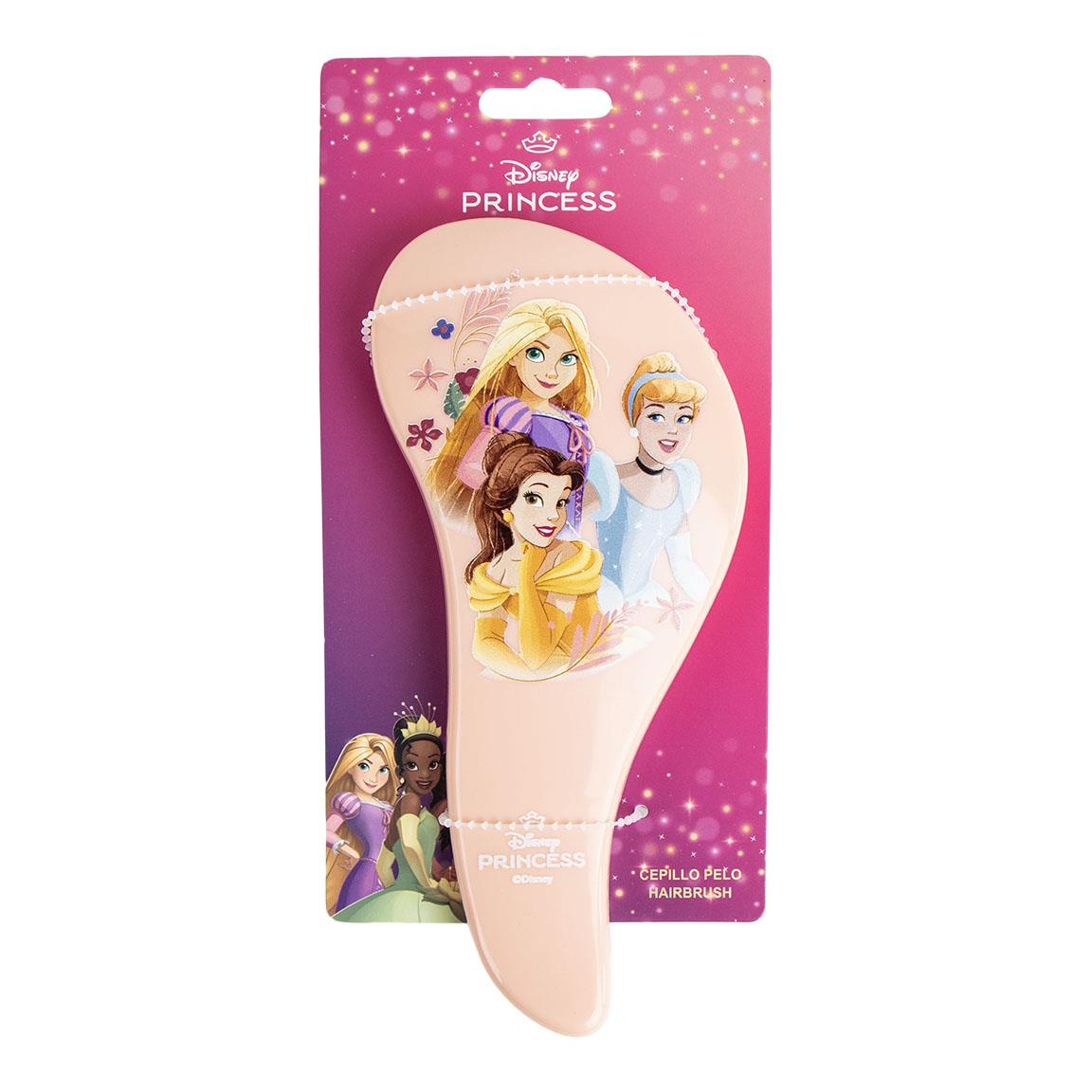 Princess hairbrush with illustrated princesses on pink packaging, designed for kids.