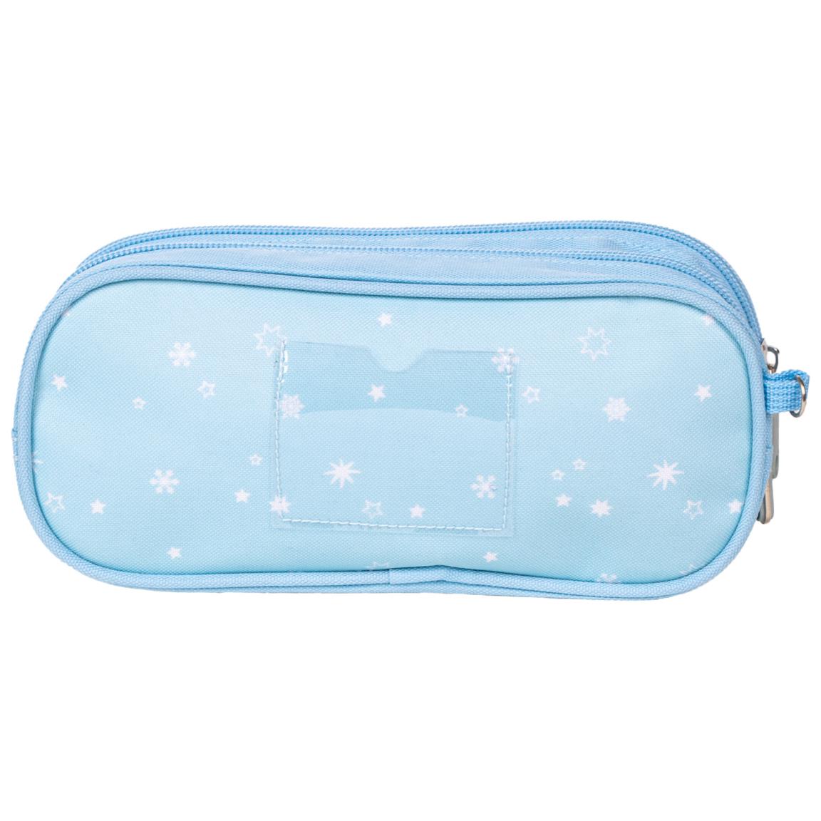 Light blue two-compartment pencil case with snowflake design, versatile as a pencil or cosmetic pouch.