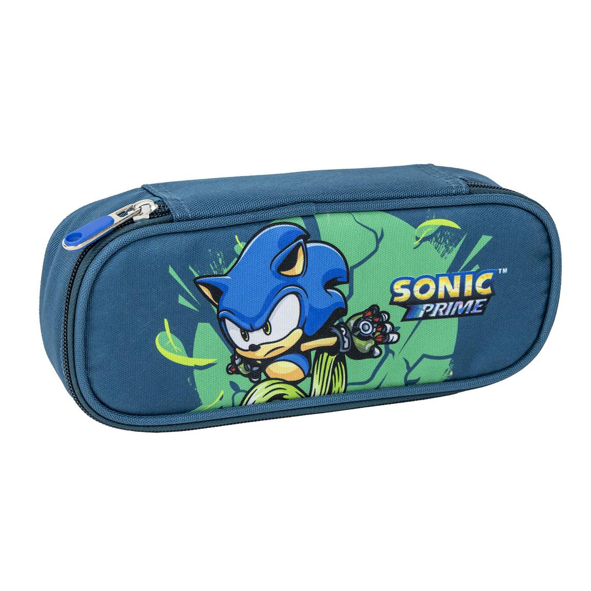 Sonic-themed blue pencil case with zipper from Pennaveski, featuring animated design and "Sonic Prime" text.