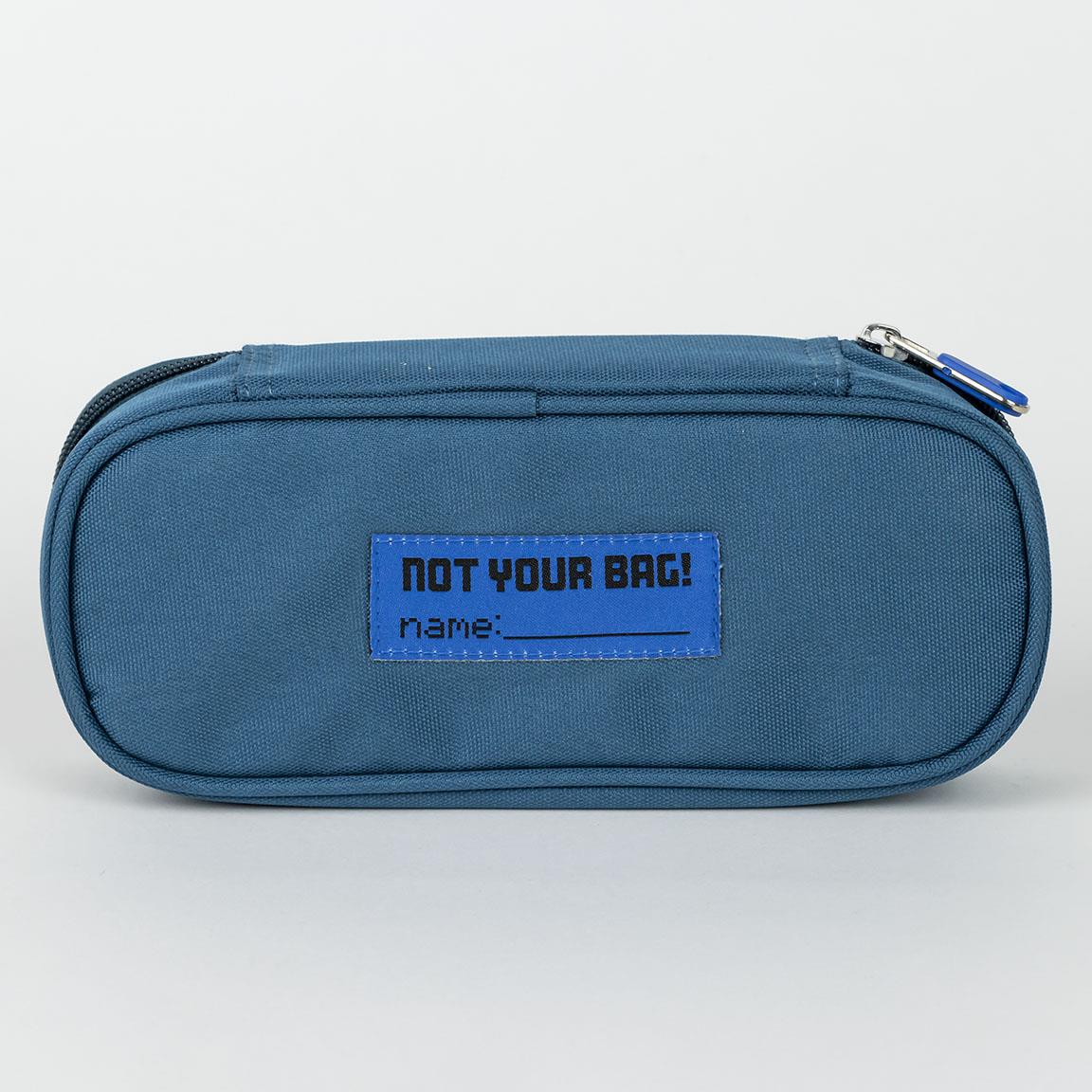 Blue pencil case with "Not Your Bag!" label and zipper closure, suitable for school or office supplies.