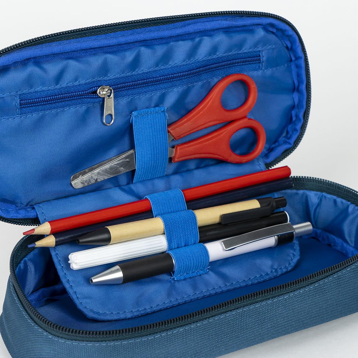 Blue pencil case with scissors, pens, pencils, and eraser organized inside.