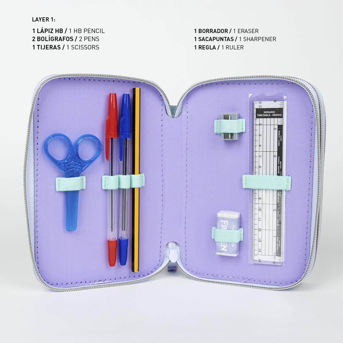 Open Pennaveski Frozen pencil case with scissors, pencils, pens, eraser, sharpener, and ruler on a purple background.