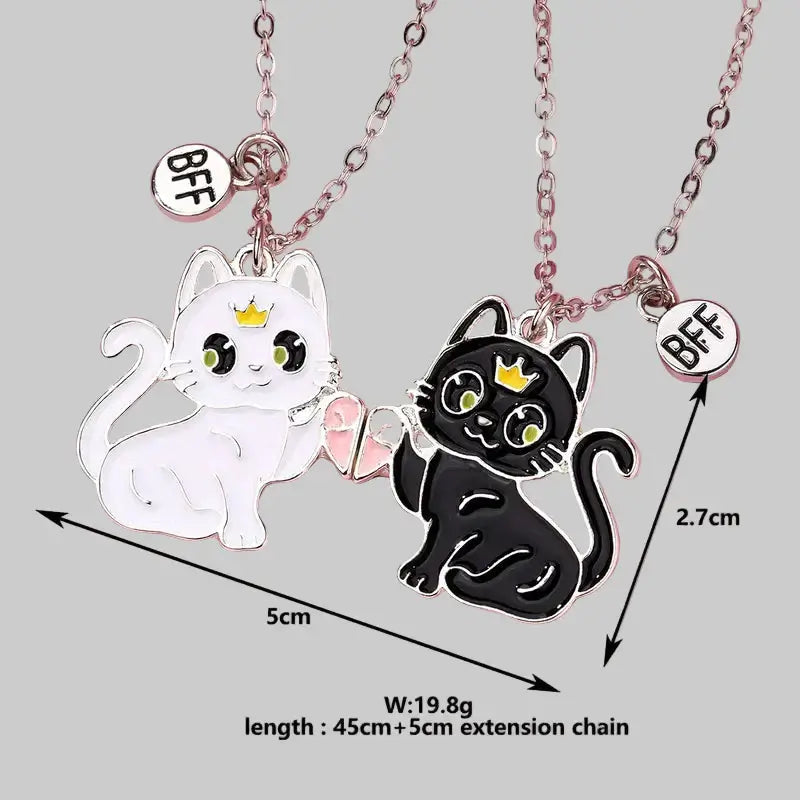 Hálsmen kisur bleik og fjólublá BFF - White and black cat necklaces with BFF charm, perfect for friends or sisters.