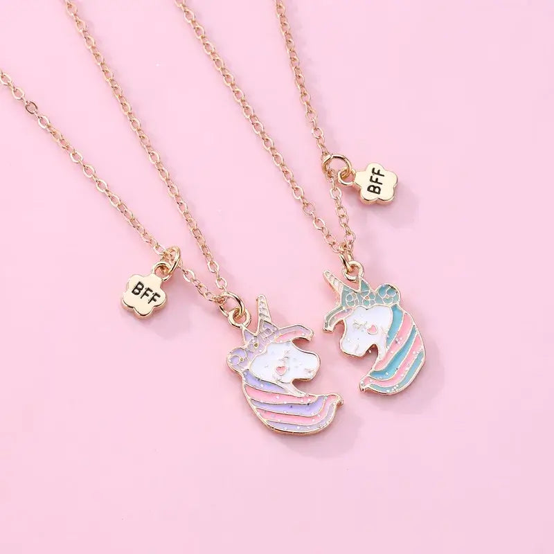 Hálsmen Einhyrninga haus -glimmer - BFF necklace with unicorn heads, perfect for best friends, in pink, blue, and white glitter finish.