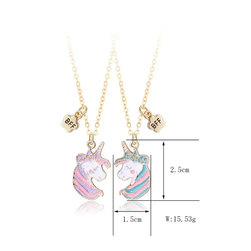 Hálsmen Einhyrninga haus -glimmer - BFF necklace with unicorn heads, heart-shaped pendant, pink, blue, white, perfect friendship gift.