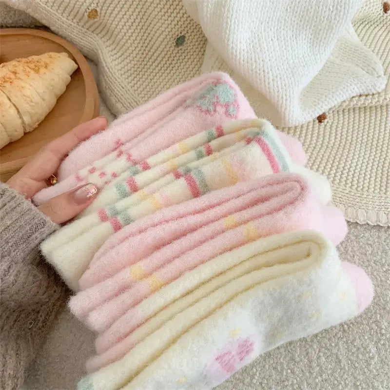 Kósýsokkar - hvítir og bleikir kósý heimasokkar úr Australian velvet með skemmtilegri teiknimyndahönnun og röndum fyrir veturinn.