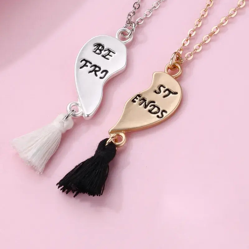 Hálsmen - hjarta með Tassel - BFF in silver and gold with tassels, symbolizing friendship and love, perfect gift for best friends.