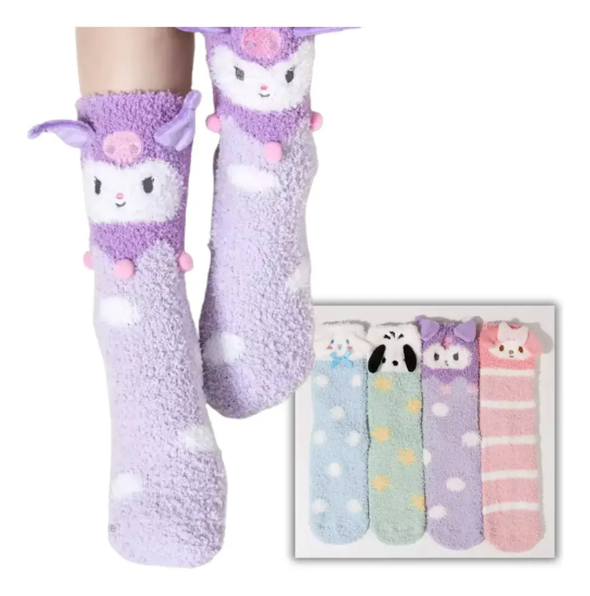 Kósýsokkar - Kumori og Melody, cozy coral velvet home socks with cute cartoon designs, perfect for autumn and winter comfort.