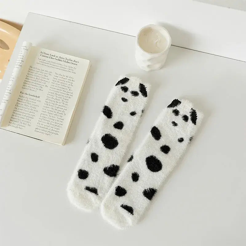 Kósýsokkar - Hvítir og svartir, mjúkir heimasokkar með hjartamynstri, fullkomnir fyrir haust og vetur.