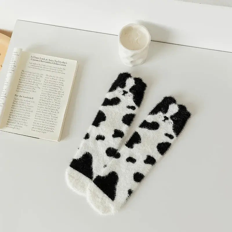 Kósýsokkar - Hvítir og svartir, mjúkir heimasokkar með hjartamynstri fyrir stelpur/konur, þykkur og hlýr fyrir vetur.