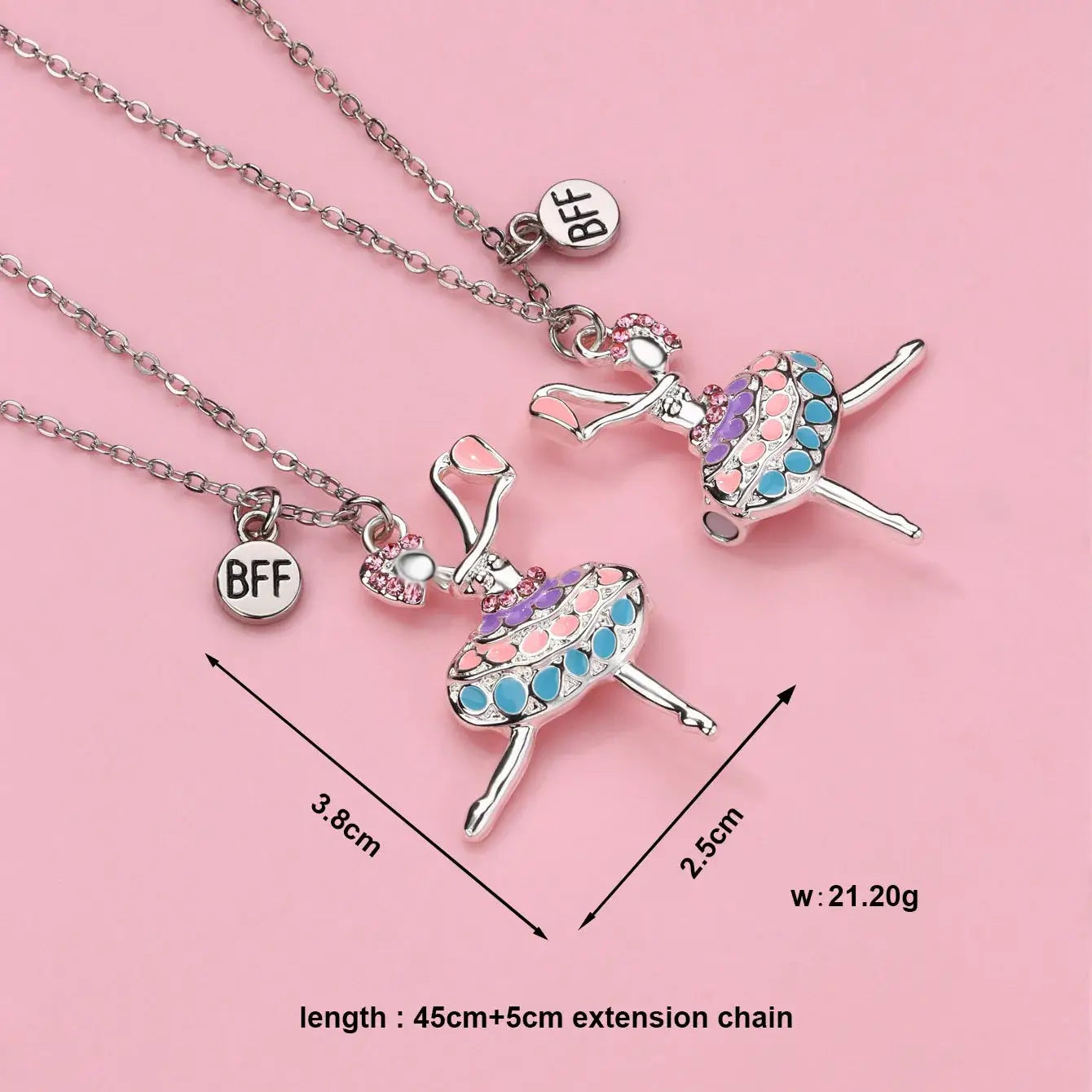 Hálsmen - Ballerínur - BFF necklace set with ballerina pendants and BFF charms on a pink background.