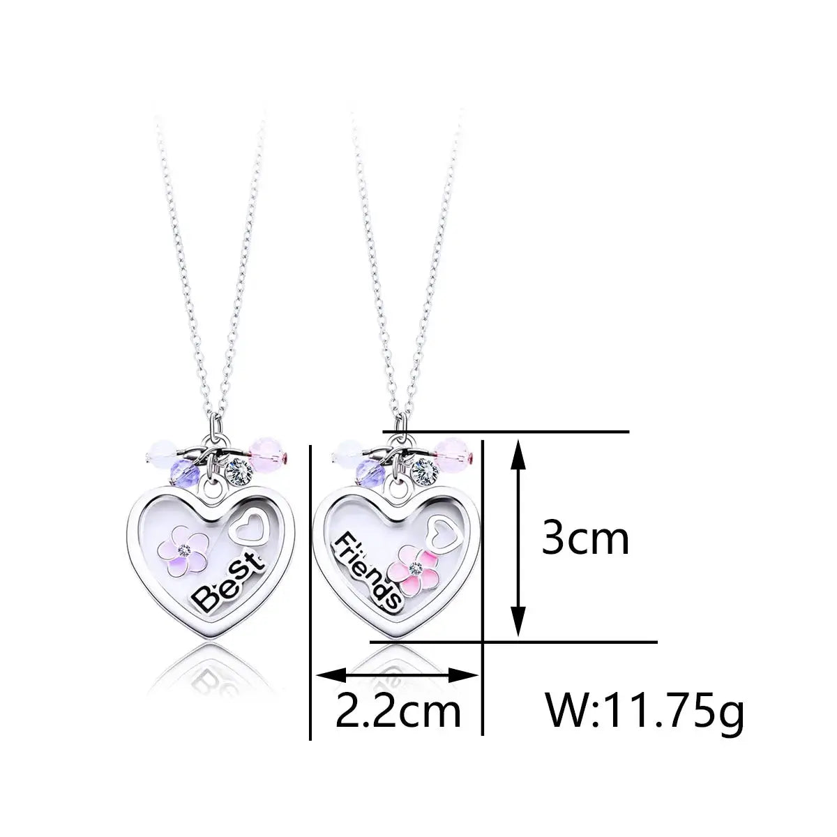 Hálsmen - Hjörtu með BFF í bleikum og bláum lit með blóma og hjarta inní, tvö hálsmen með BFF þema fyrir bestu vinkonu eða systur.