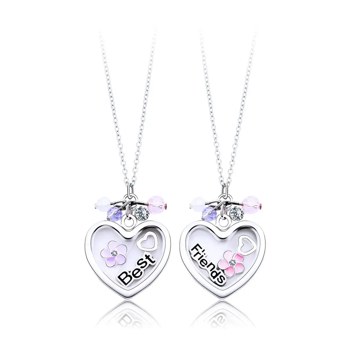 Hálsmen - Hjörtu með BFF; heart-shaped necklaces with 'Best Friends' text and floral design in pink and blue, perfect friendship gift.