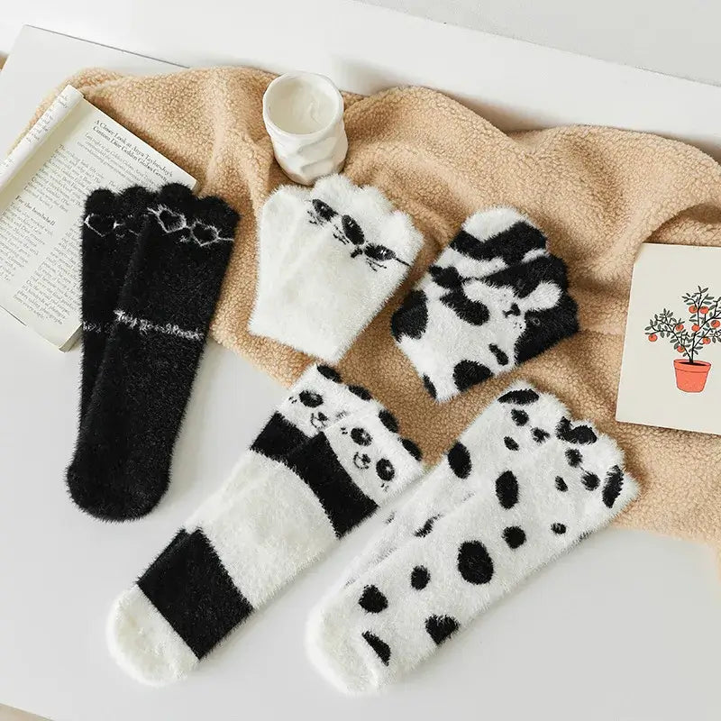 Kósýsokkar - Hvítir og svartir með hjartamynstri, mjúkir heimasokkar úr hlýju efni fyrir vetur, mid-calf lengd.