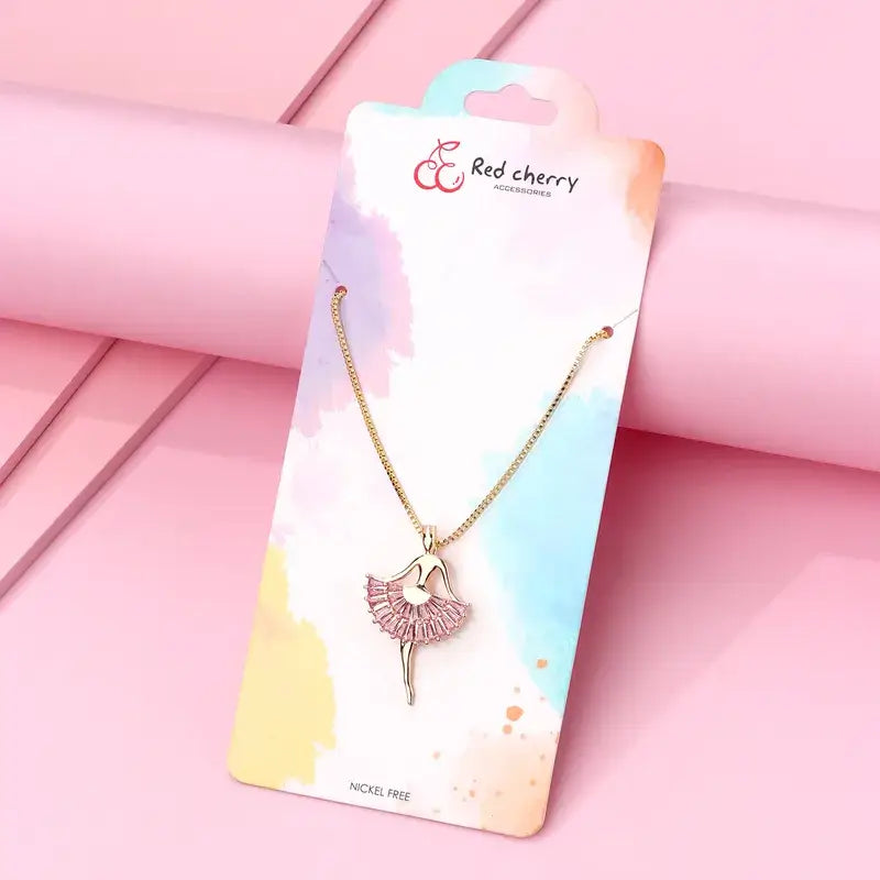 Hálsmen - Ballerína - Gull, fallegt og glæsilegt hálsmen með bleiku steinballetkyrtli á gullkeðju, fullkomið fyrir ballerínur.