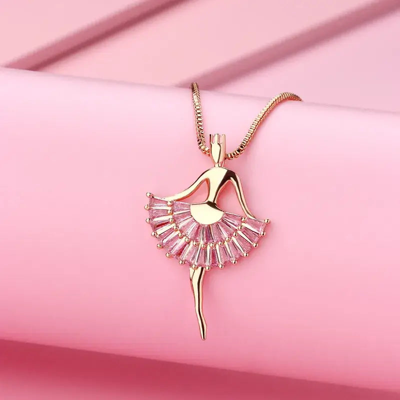 Hálsmen - Ballerína - Gull, beautiful ballerina necklace with pink stones on gold chain, ideal for gifts and special occasions.