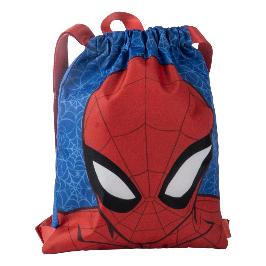 Dráttarpoki Spiderman — rauður og blár með grímu Köngulóarmannsins og köngulóarvefsmynstri