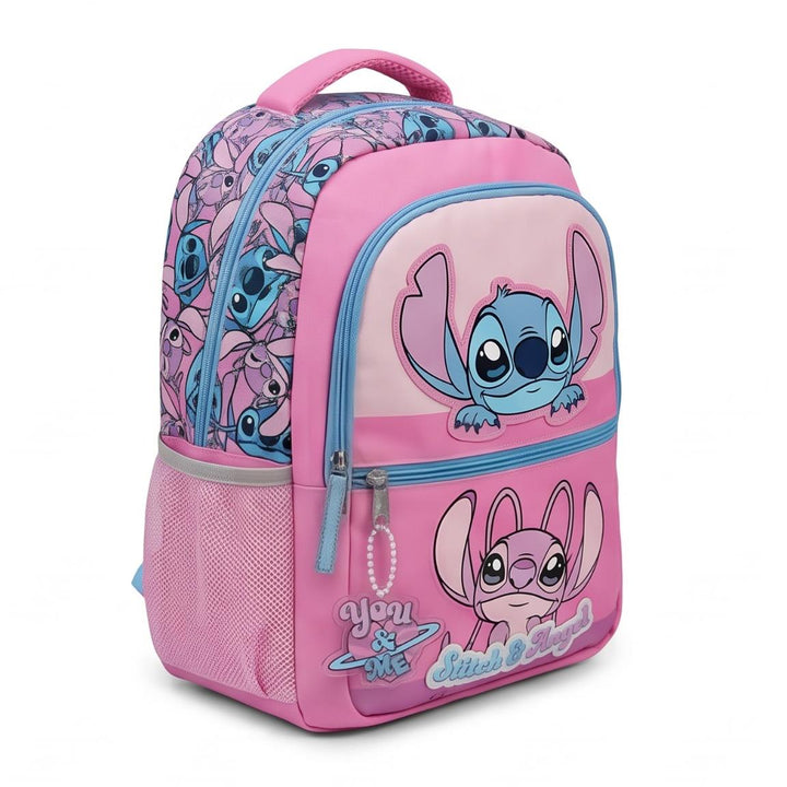 Skólabakpoki Stitch — bleikur með upphleyptum myndum af Stitch og Angel