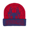 Red and blue Spiderman knitted beanie featuring a spider design and logo, perfect for fans and cold weather fashion.