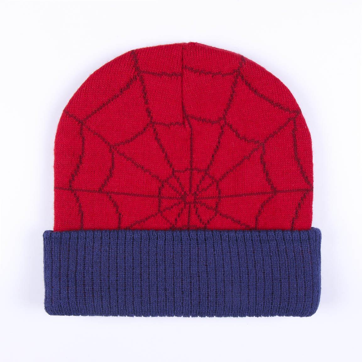 Red and blue Spiderman-themed beanie with spiderweb pattern design.