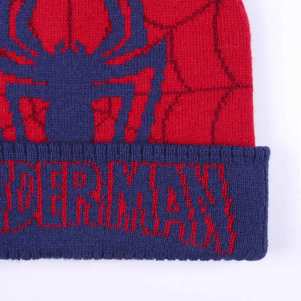 Red and blue Spider-Man beanie with web design and logo, perfect for fans seeking stylish and warm headwear.