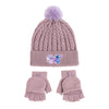 Purple knit hat and gloves set with Stitch embroidery and pom-pom detailing.