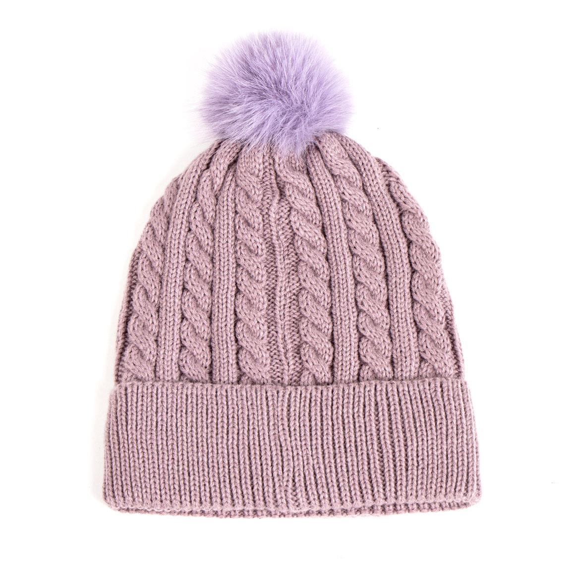 Pink knit beanie with cable pattern and purple pom-pom on top.