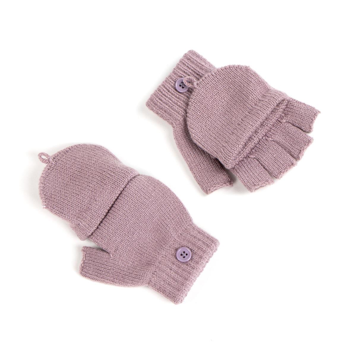 Purple knit mittens with button details, convertible to fingerless gloves.