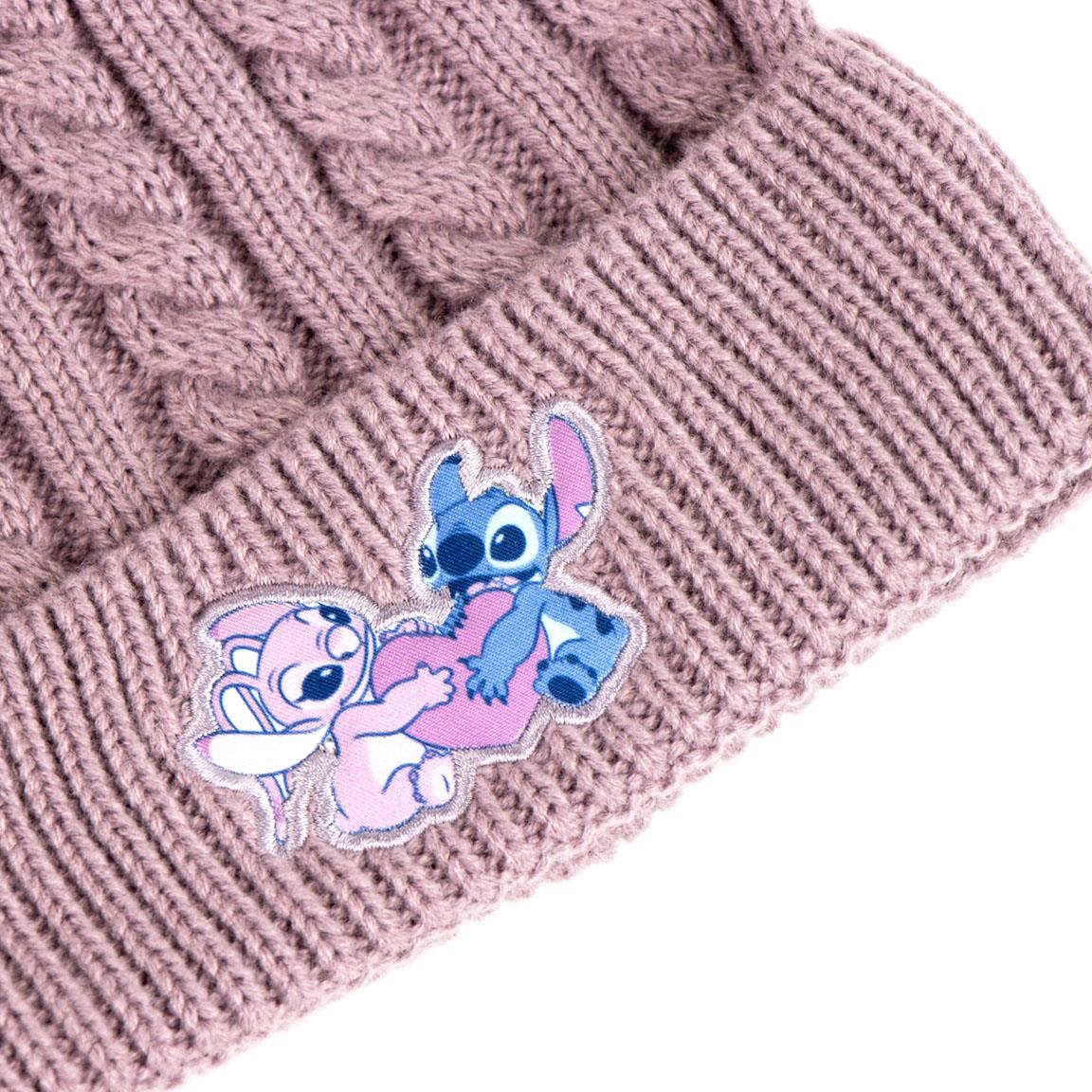 Knitted beanie with Stitch and Angel design in pink, showcasing detailed embroidery on the brim.