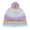 Pastel-colored knit beanie hat with pom-pom and an ice queen heart patch design, perfect for winter fashion and warmth.