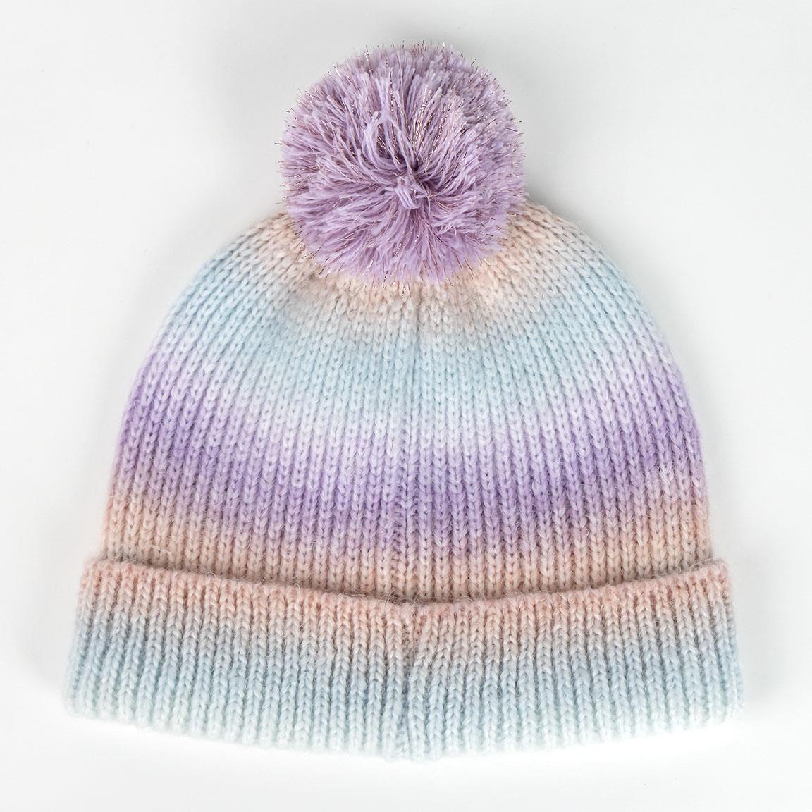 Colorful pastel knit beanie with pom-pom, Húfa Frozen, 100% acrylic for cozy winter wear.