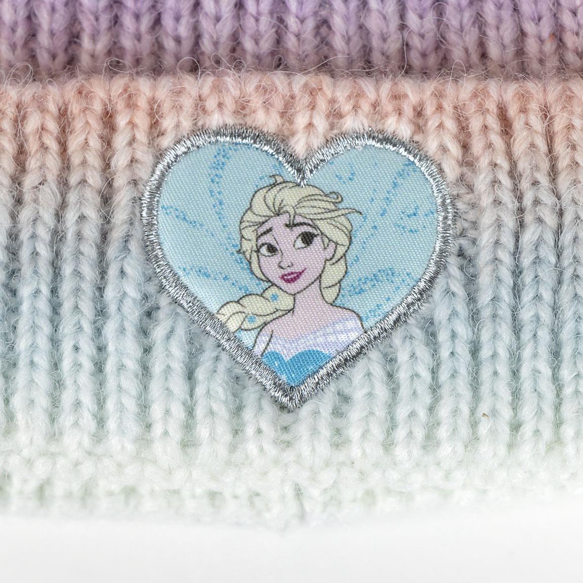 Colorful knit hat featuring a heart-shaped patch with a popular ice queen design, perfect for keeping warm with style