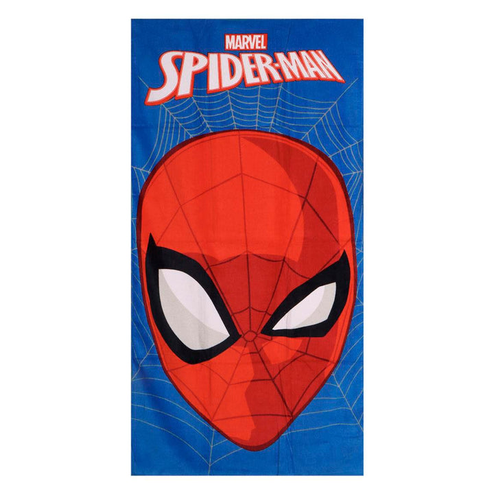 Handklæði Spiderman — blátt með grímu Köngulóarmannsins og MARVEL merki