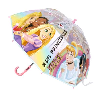 Colorful princess-themed umbrella featuring animated characters, text "Real Princesses Fierce," perfect for kids, size Ø71 cm.