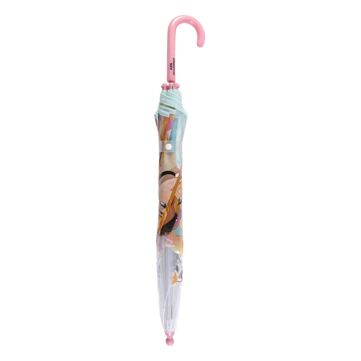 Pink princess-themed umbrella with closed canopy, size Ø71 cm, featuring colorful princess design on the fabric.