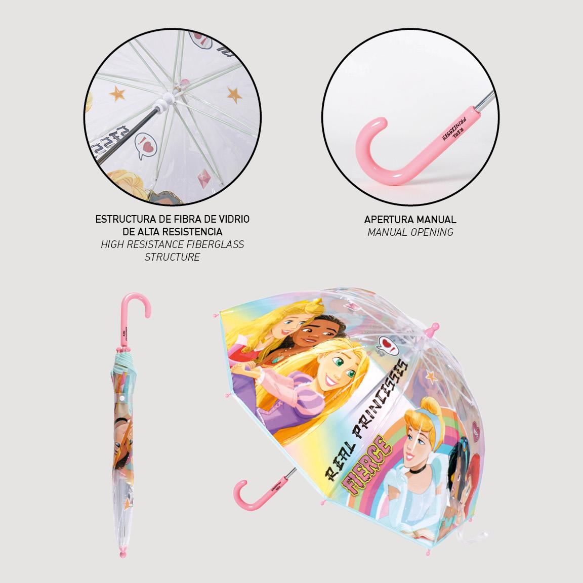 Princess-themed umbrella with high resistance fiberglass structure and manual opening, Ø71 cm, pink handle.