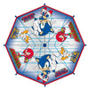 Colorful Sonic the Hedgehog umbrella featuring Tails and Knuckles designs on a blue geometric background.