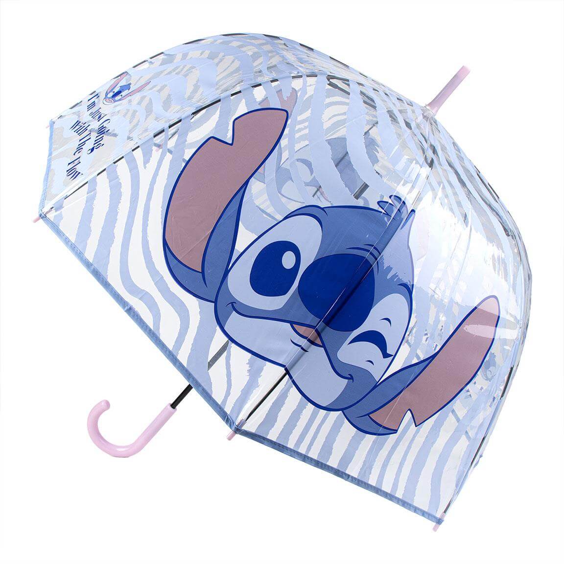 Clear umbrella featuring a playful cartoon character design with blue accents and pink handle.