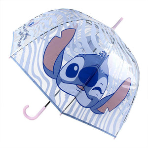 Clear umbrella featuring a playful cartoon character design with blue accents and pink handle.