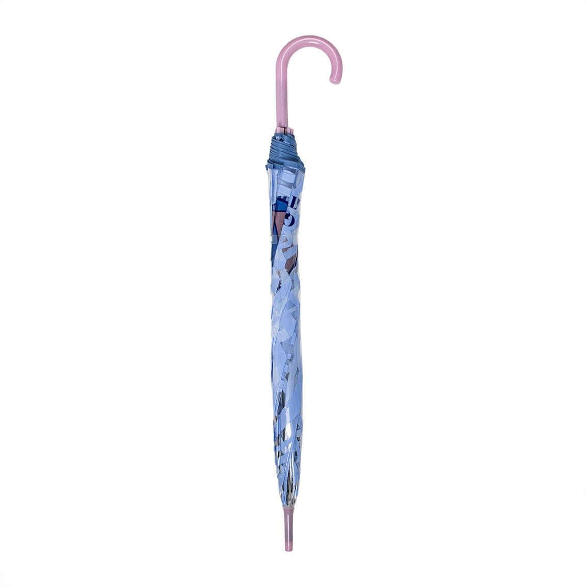 Blue Stitch-themed umbrella with pink handle closed, featuring popular character design for stylish weather protection.