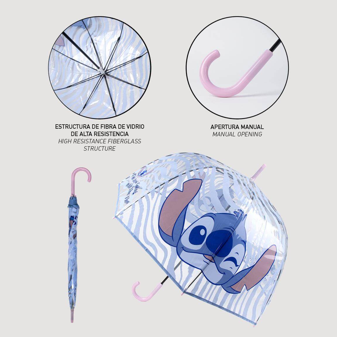 Blue umbrella featuring Stitch design with high resistance fiberglass structure, manual opening, and pink handle.