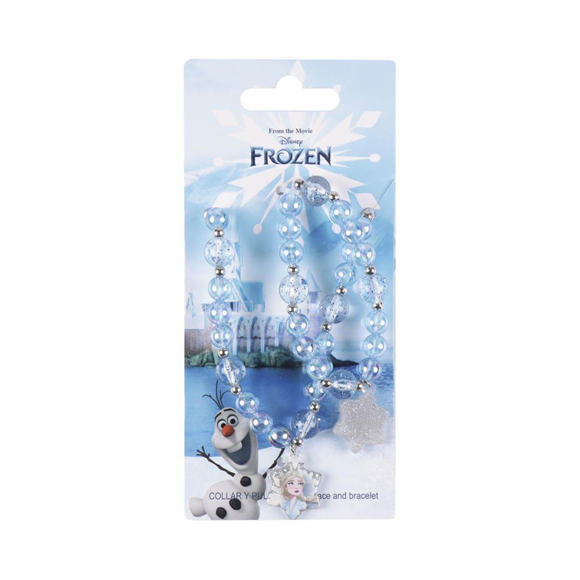 Frozen-themed necklace and bracelet set featuring blue beads and character charms.