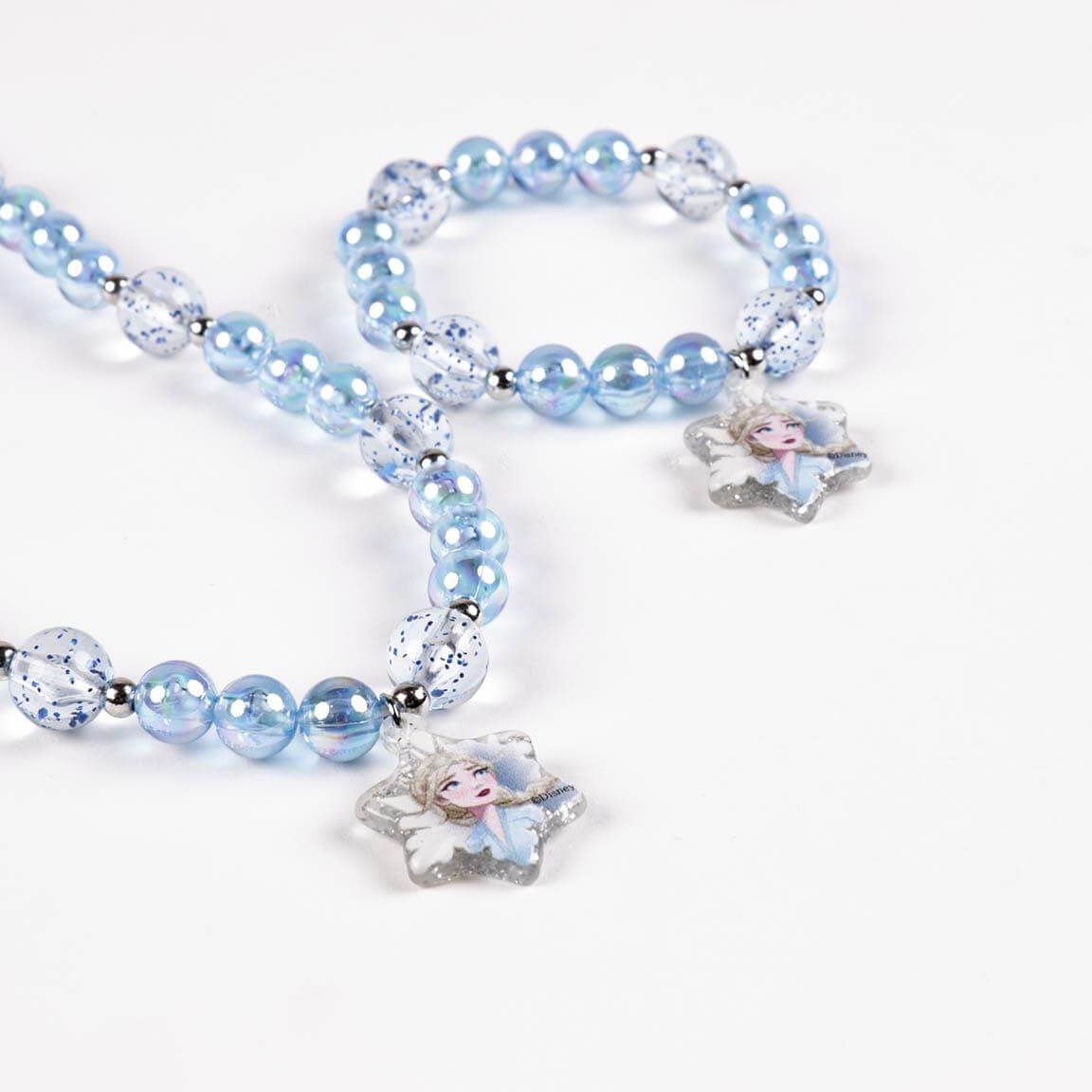 Blue Frozen-themed necklace and bracelet set featuring mermaid charms.