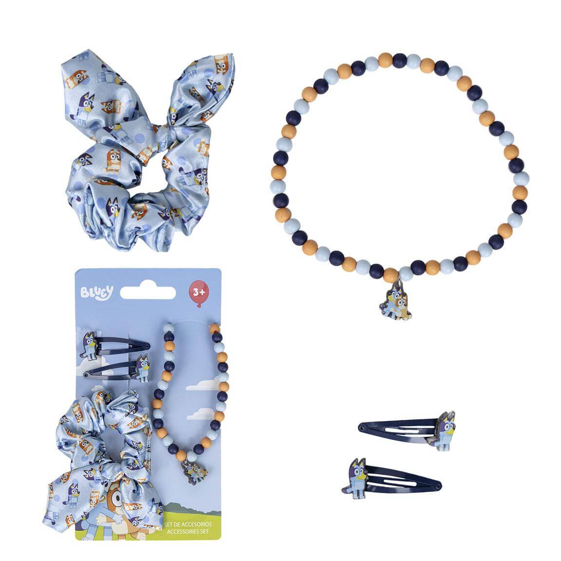 Bluey hair set with scrunchie, hair clips, and necklace featuring colorful beads and character design. Perfect for kids' accessories.